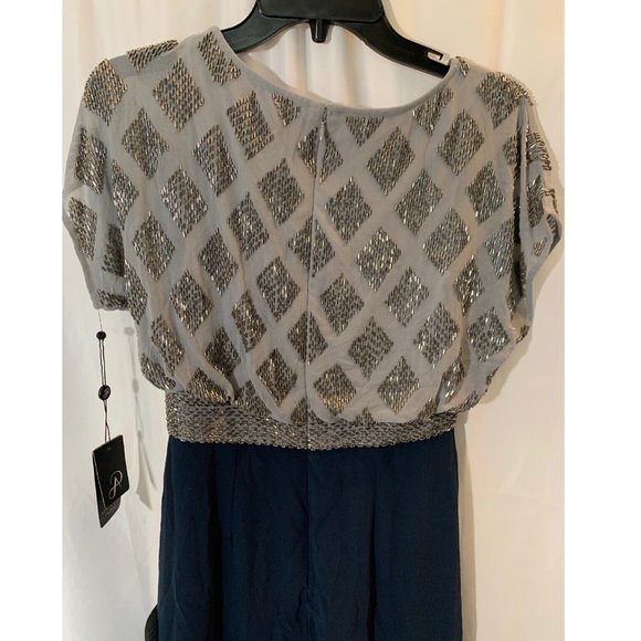 NWT‎ Adrianna Papell Beaded Colorblock Blouson Gown in Silver/Navy [SZ 2 ] - Picture 9 of 12